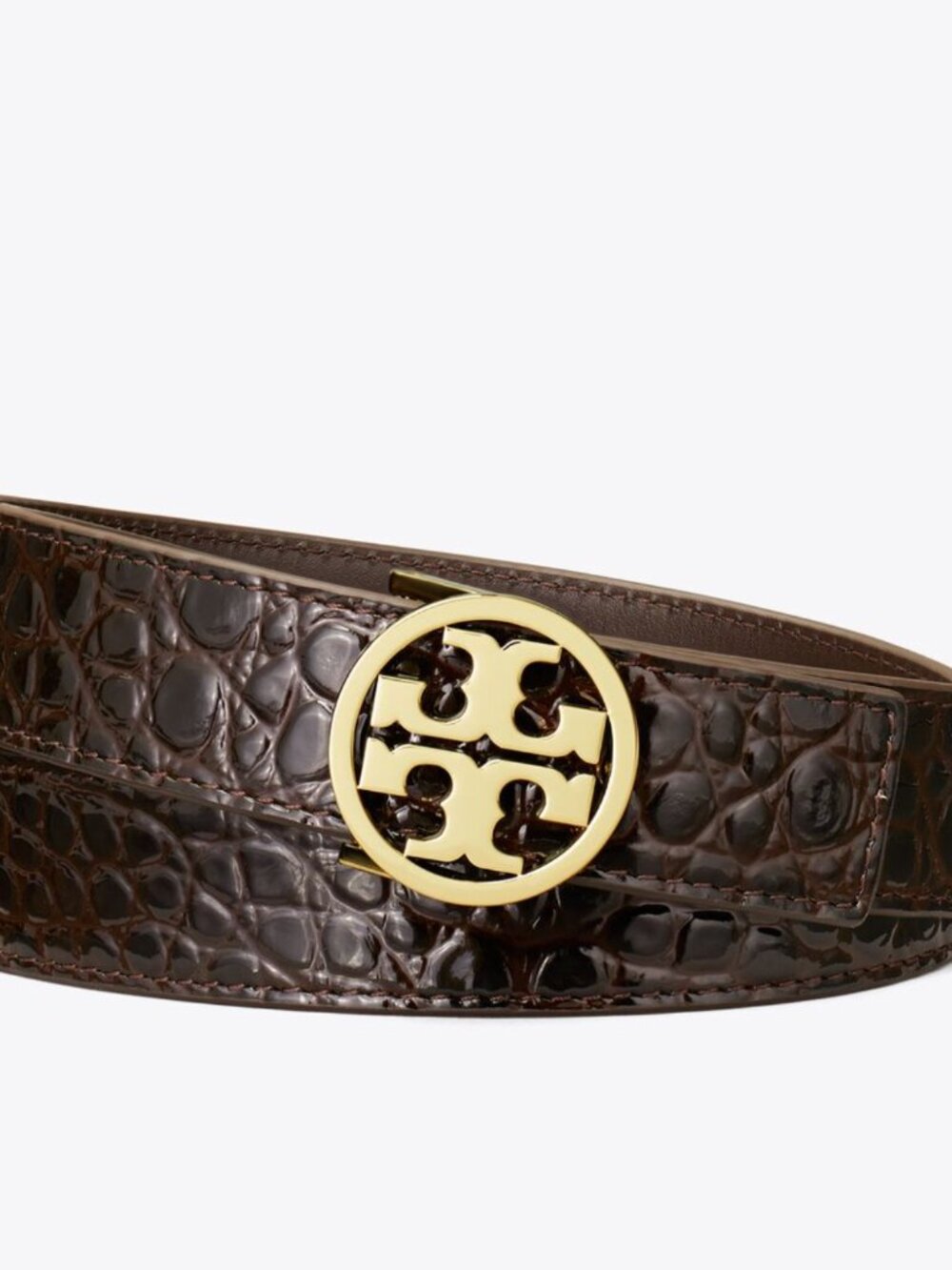 Tory Burch Brown Croc-Embossed Leather Belt with Gold Logo Buckle